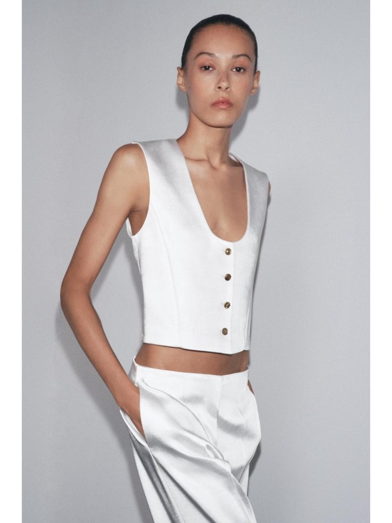 Zara Womens Crop Vest Medium White Satin Tailored Waistcoat 8299/042 Nwt